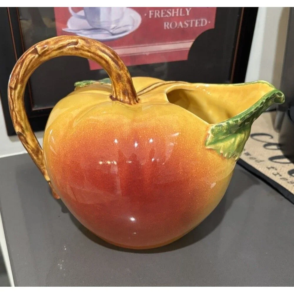 Vintage Peach Pitcher, Colorful Ceramic Fruit Pitcher Clean Shiny Glaze 7” Tall